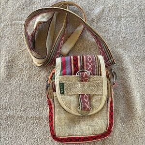 Bohemian Hemp Crossbody Bag Fanny Pack with Red and Beige Accents Made in Nepal